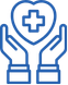 Blue outline of two hands holding a heart with a medical cross inside, symbolizing healthcare or medical support.