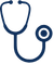 Simple illustration of a dark blue stethoscope on a light background.