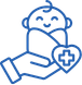 Blue outline icon of a smiling baby wrapped in a blanket held by a hand with a heart featuring a medical cross symbol.