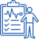 Blue outline icon of a person standing next to a clipboard showing a heartbeat line and a checklist with three checked boxes.