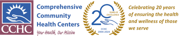CCHC 20th anniversary banner with logo, laurel wreath, and text: "Celebrating 20 years of ensuring the health and wellness of those we serve.